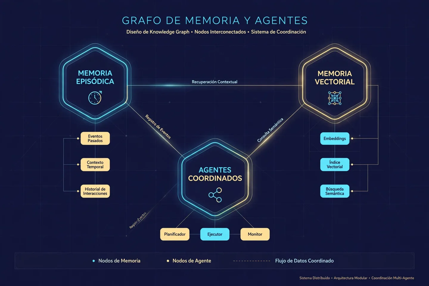 Grafo conceptual de nodos para representar memoria y coordinación entre agentes.